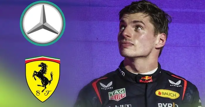 Max Verstappen looks to his right during the Saudi Arabian Grand Prix podium ceremony with prominent logos of Mercedes and Ferrari beside him