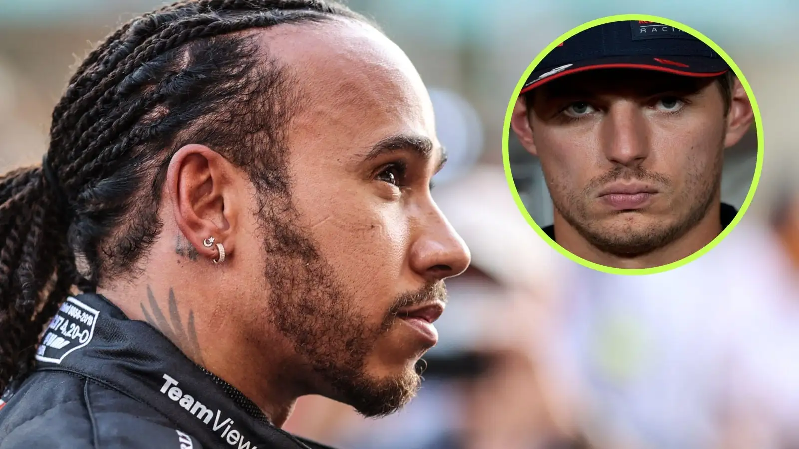 Lewis Hamilton looking contemplative on the grid at Abu Dhabi 2021 with a menacing-looking Max Verstappen in a small circle
