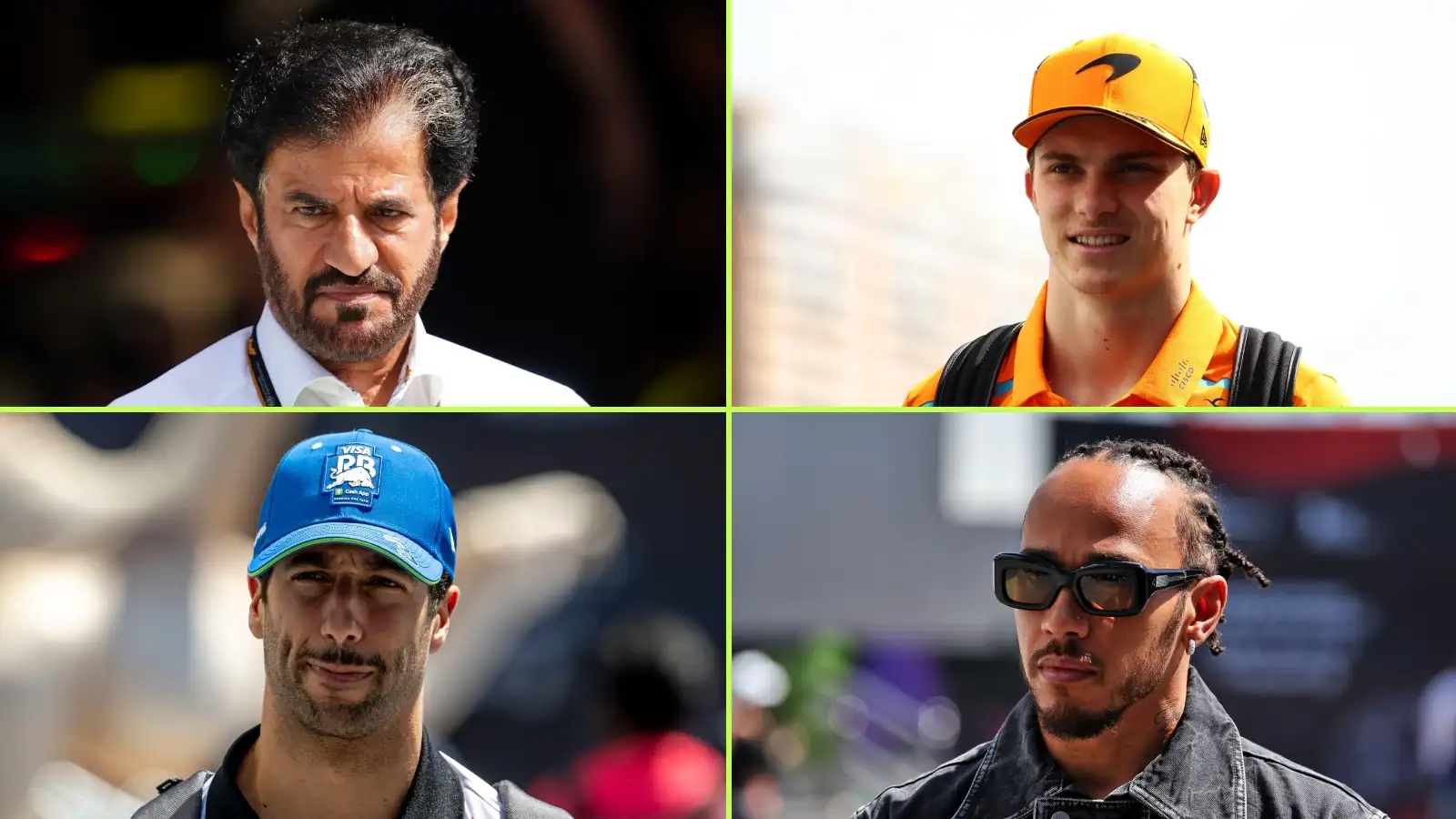 Mohammed Ben Sulayem, Oscar Piastri, Daniel Ricciardo and Lewis Hamilton