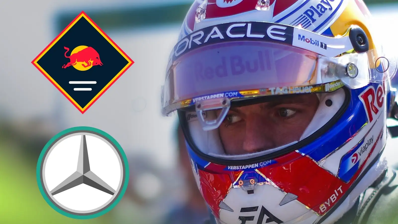 A close-up of Max Verstappen with his visor open on the Melbourne grid with prominent Red Bull and Mercedes logos alongside him