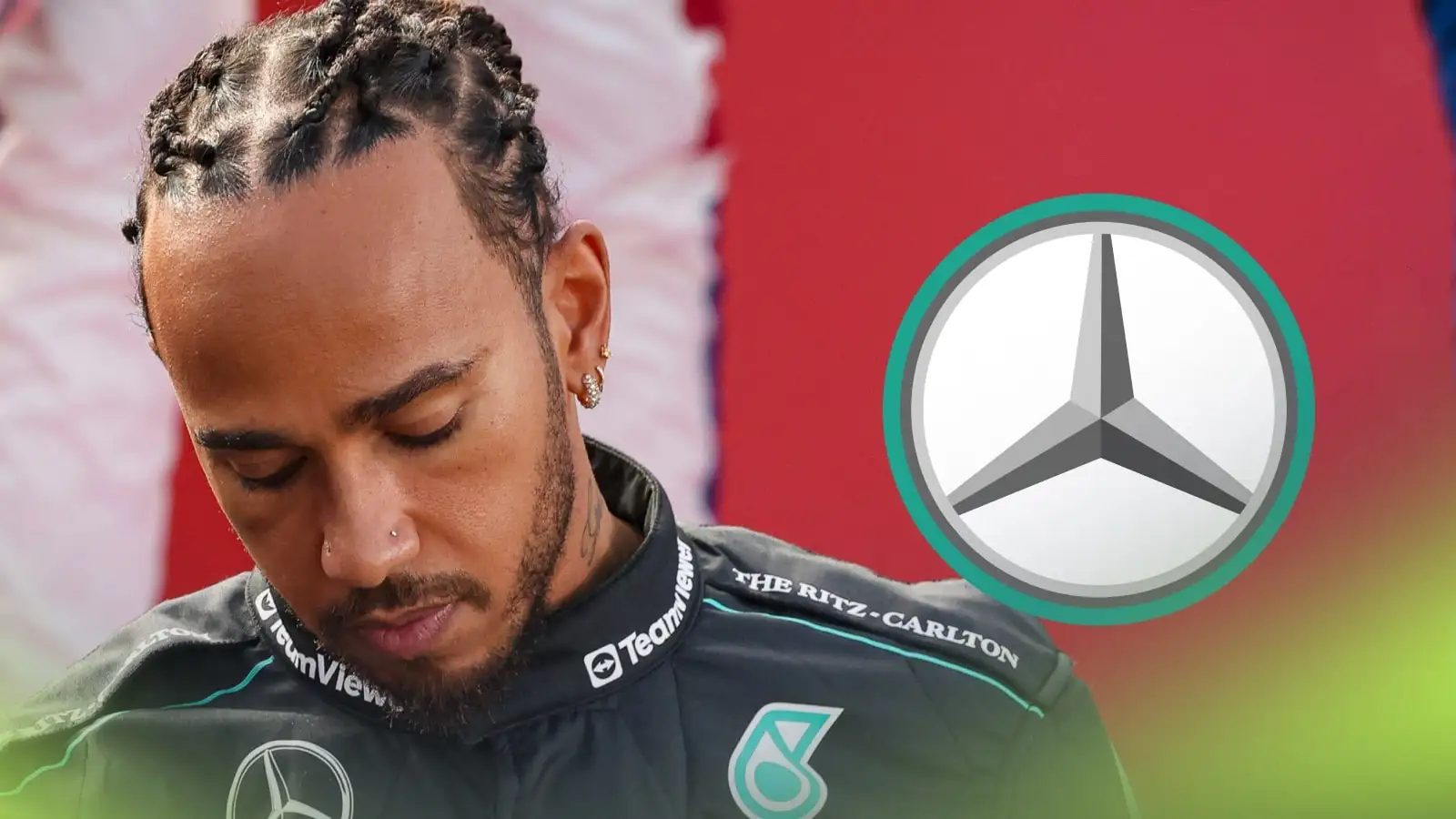 Lewis Hamilton poses for F1's 2024 promo shots with a prominent Mercedes logo alongside him