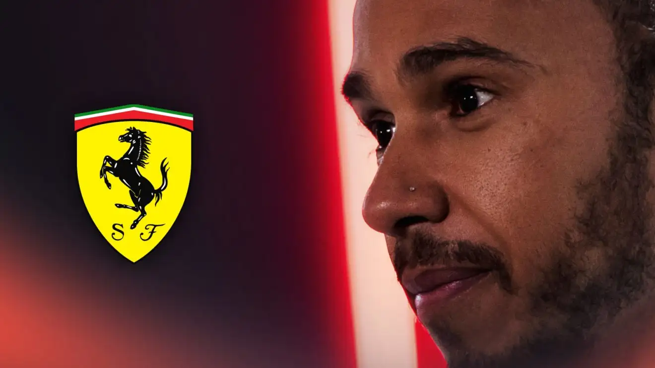 A close-up shot of Lewis Hamilton with a prominent Ferrari logo alongside him