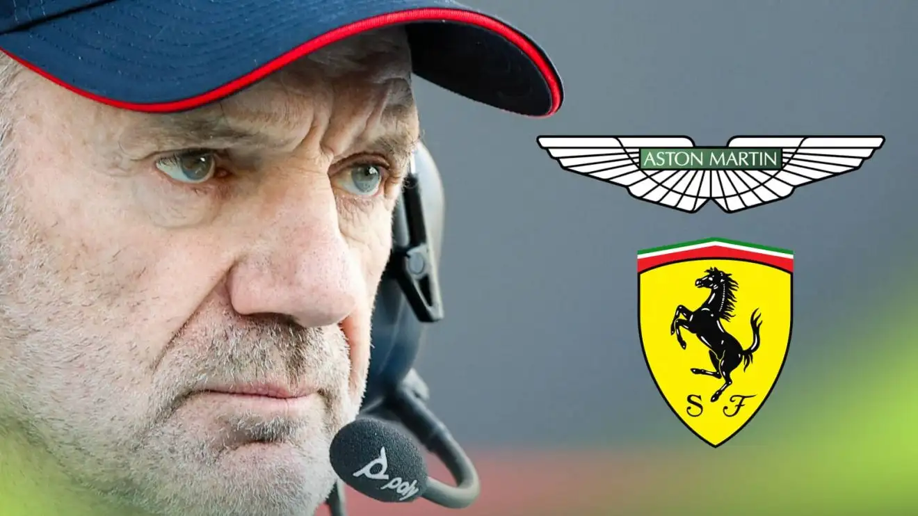 A close-up shot of Adrian Newey with prominent Aston Martin and Ferrari logos alongside him