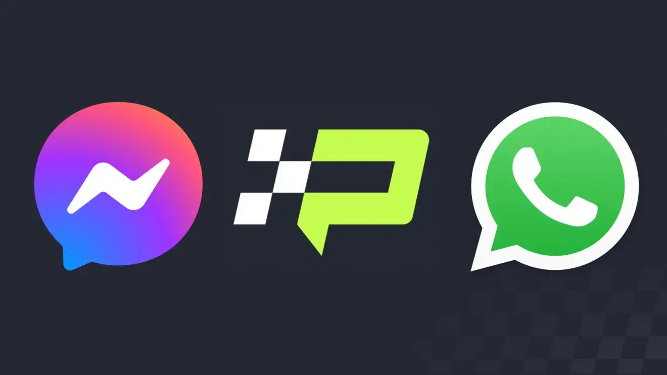 The PlanetF1, Facebook and WhatsApp logos