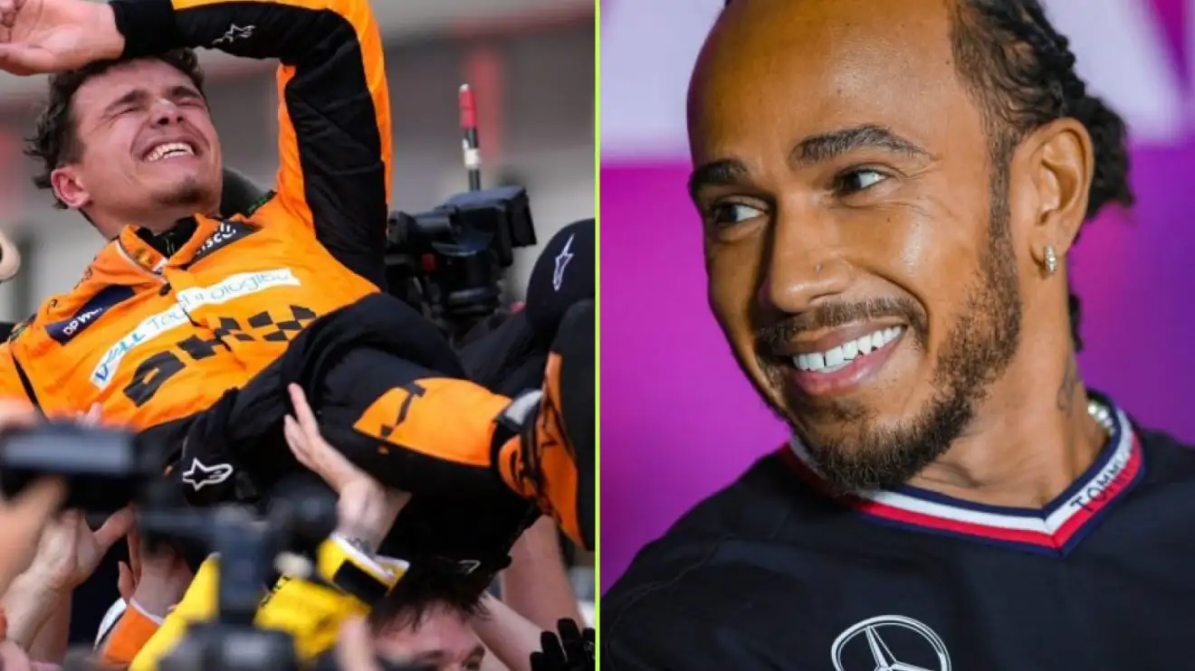 Lando Norris celebrating, Lewis Hamilton smiling