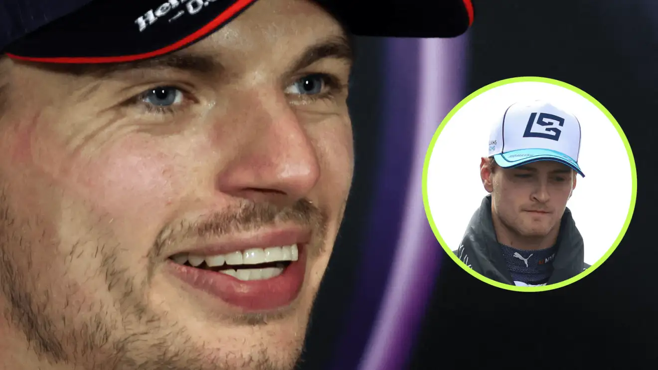 A close-up shot of Max Verstappen smiling with an inset of Logan Sargeant