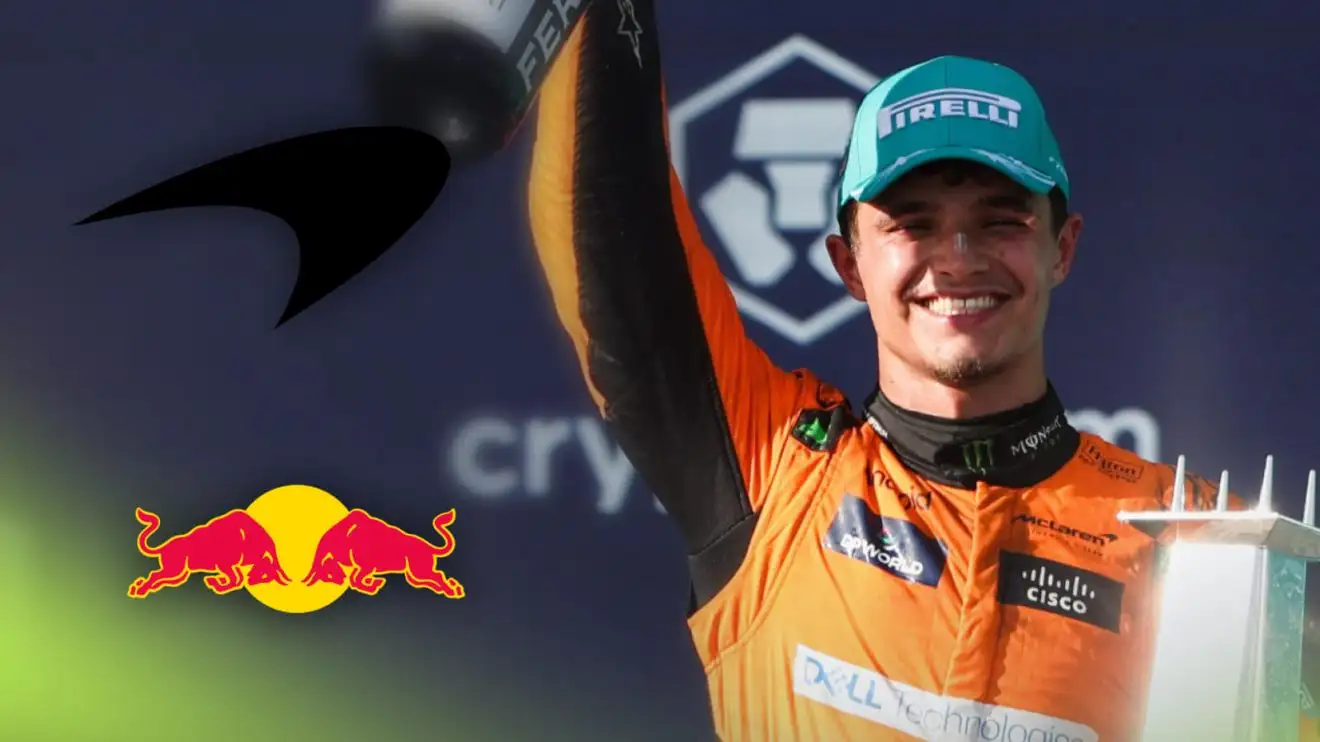Lando Norris celebrates his first F1 victory in Miami, with McLaren and Red Bull logos on the left.