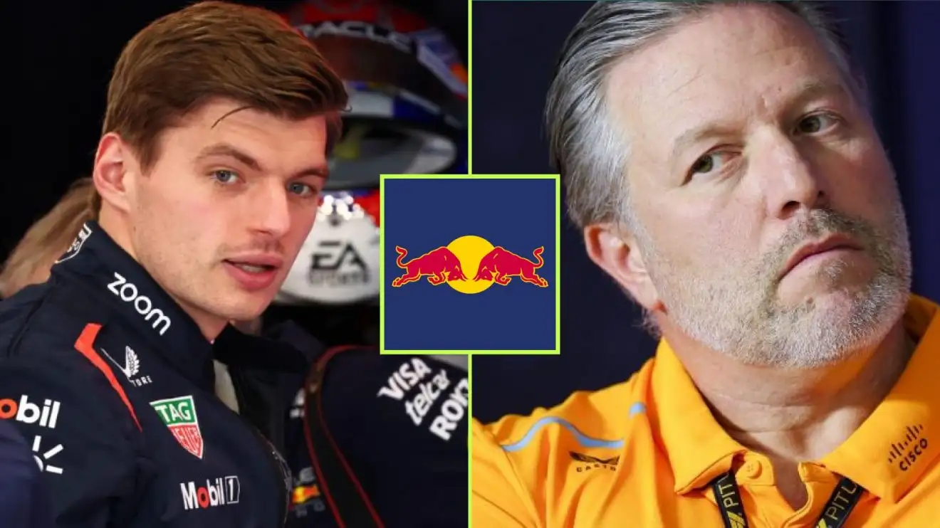 Red Bull's Max Verstappen and McLaren's Zak Brown with a Red Bull badge between.