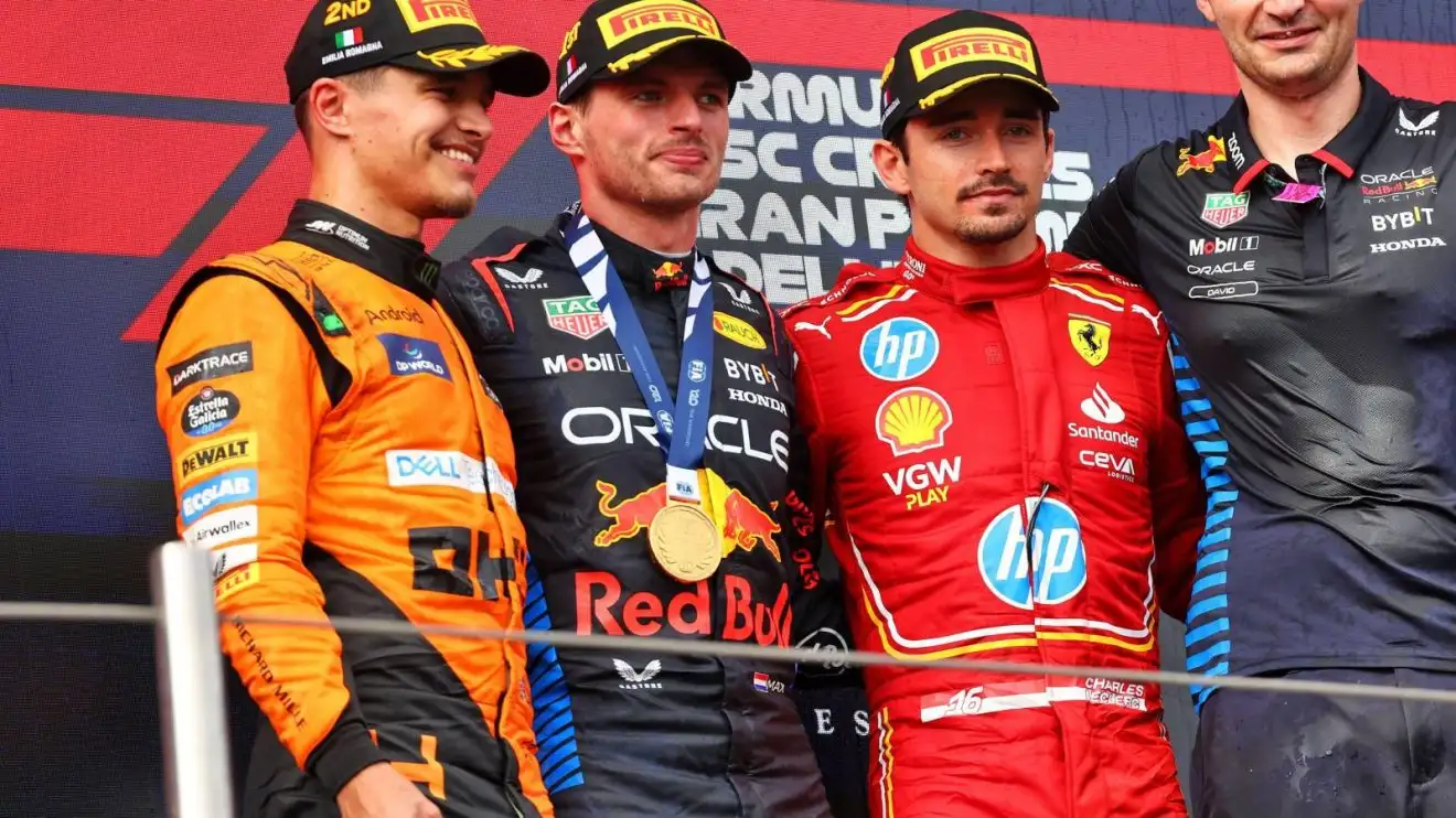 Lando Norris, Max Verstappen and Charles Leclerc on the Imola 2024 podium.