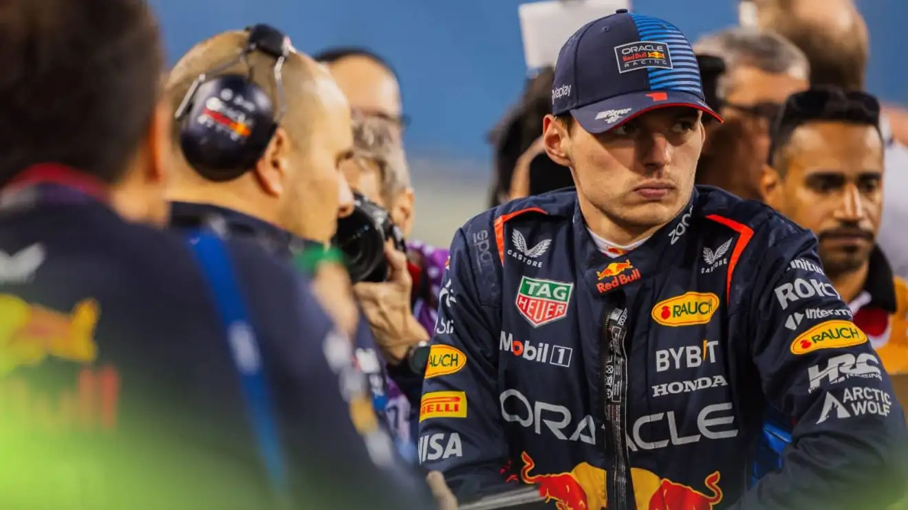 Max Verstappen surrounded by Red Bull mechanics on the Bahrain Grand Prix grid