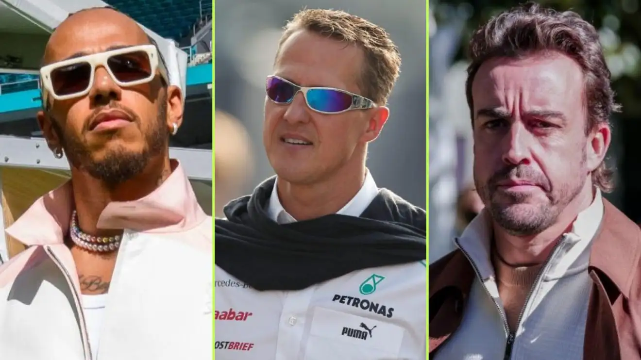 Lewis Hamilton, Michael Schumacher and Fernando Alonso in a three-split image.