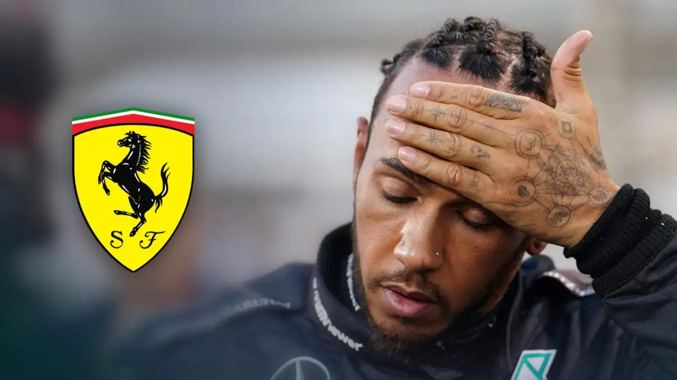 Lewis Hamilton, hand to his head, next to a Ferrari badge.