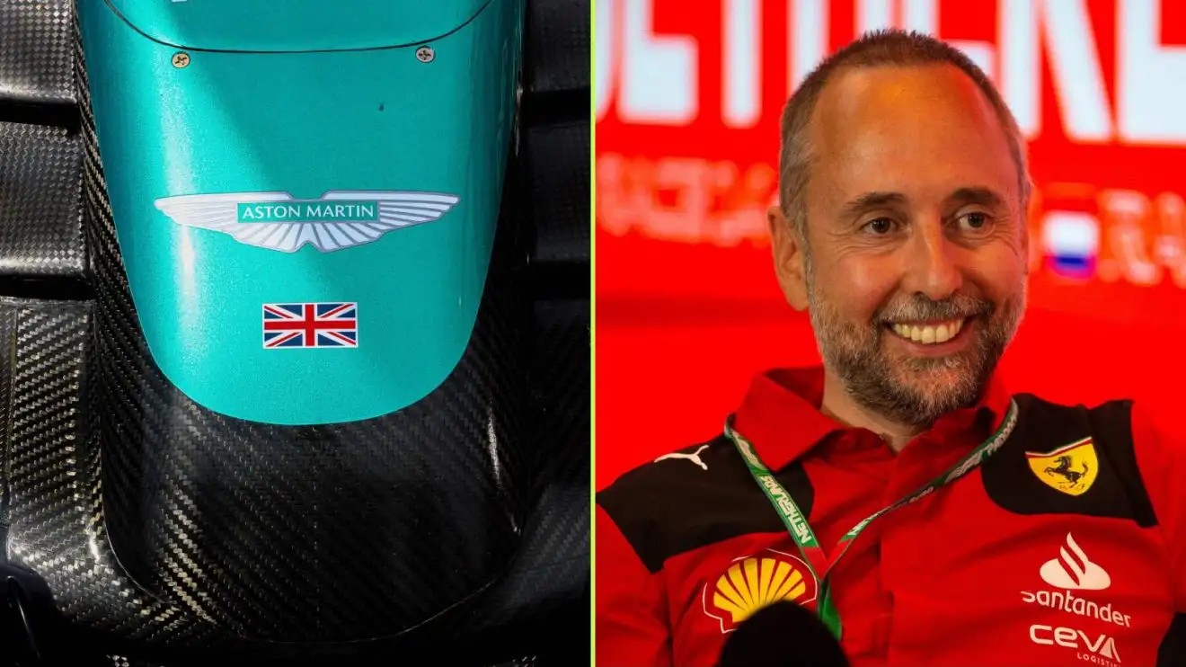 The Aston Martin logo, along with Ferrari's Enrico Cardile.