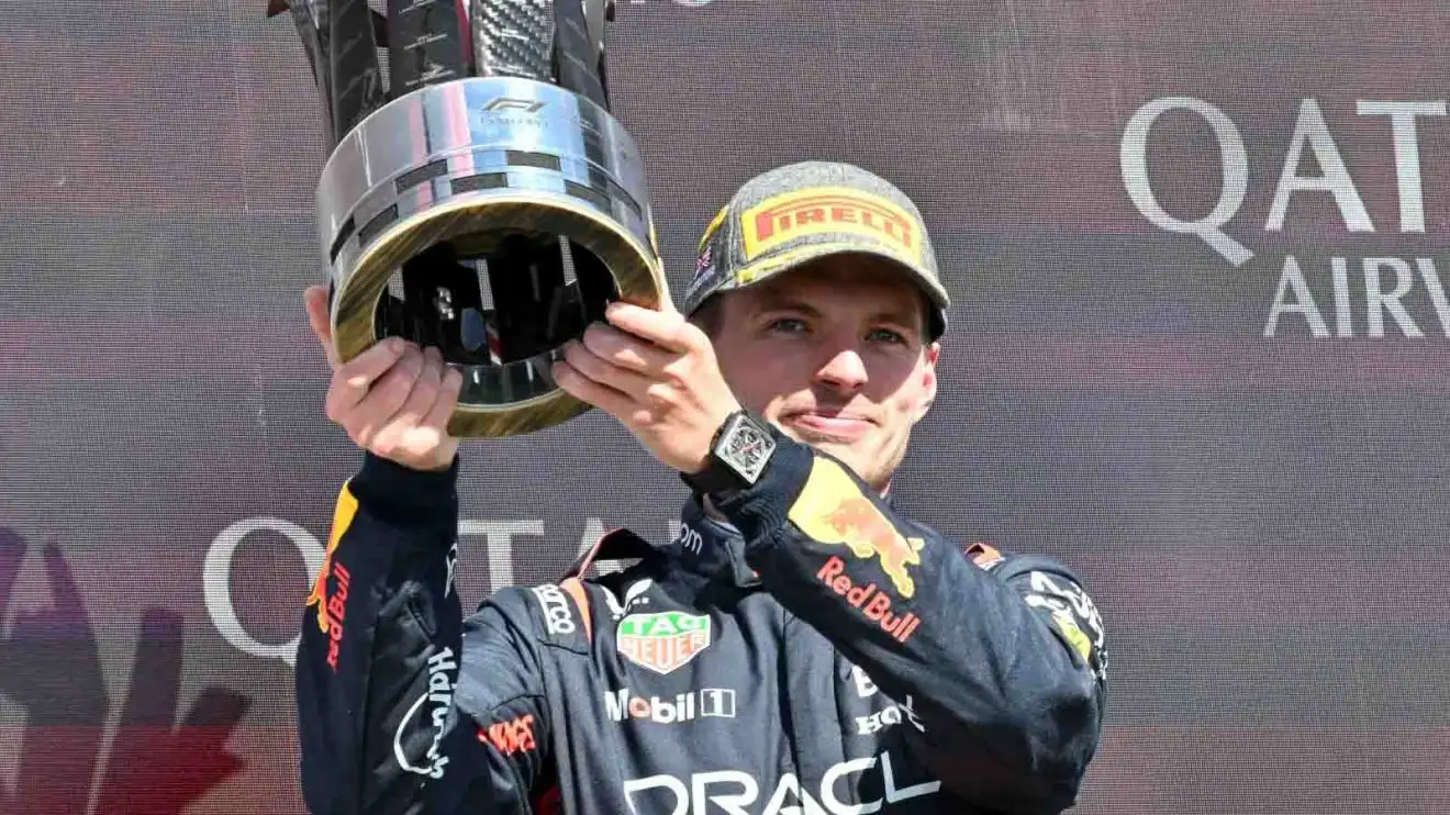 Max Verstappen on the podium at Silverstone.