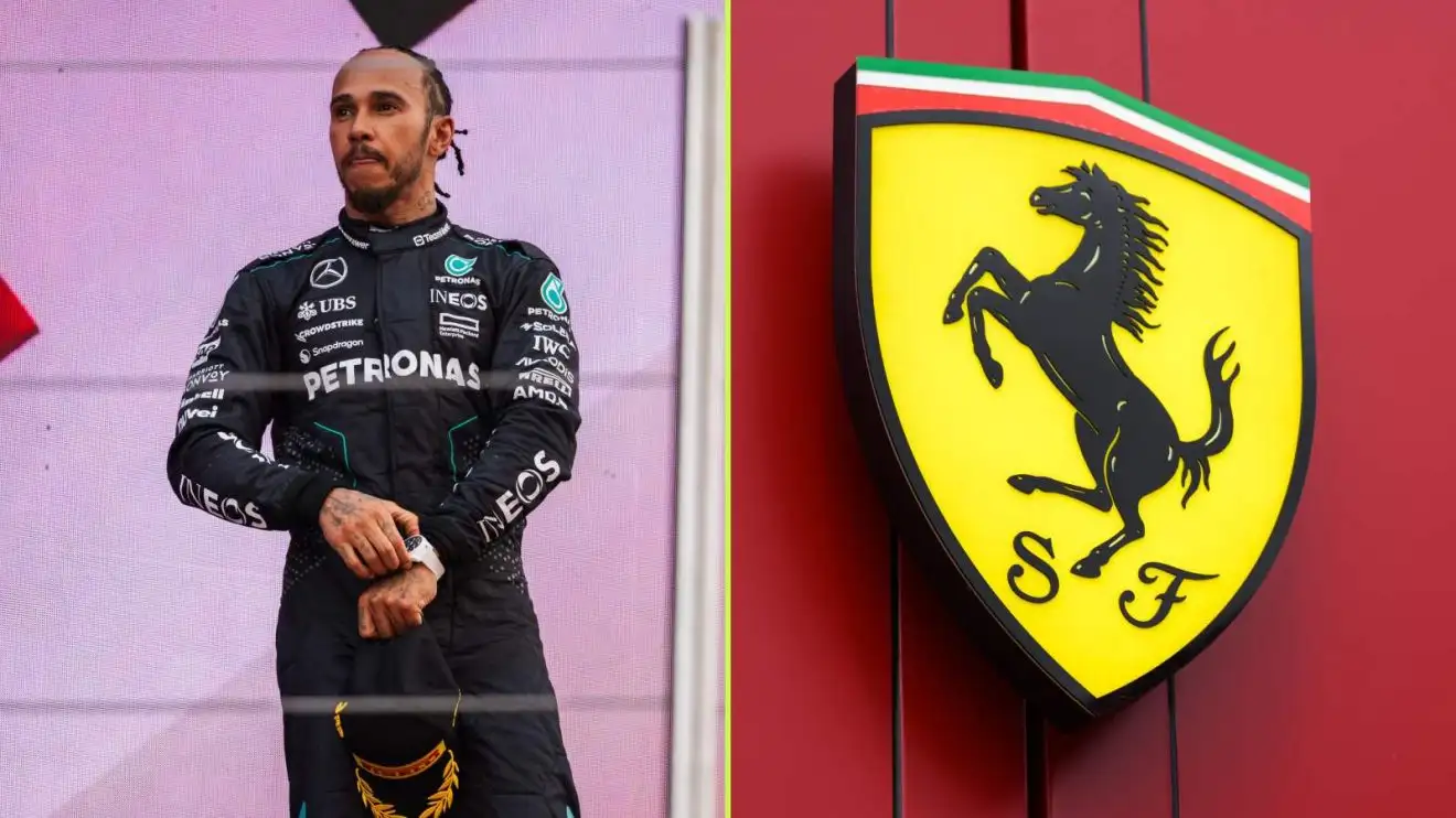 Lewis Hamilton, Mercedes, and the Ferrari logo.