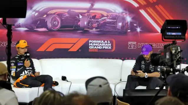 Lando Norris and Lewis Hamilton at the post-race press conference