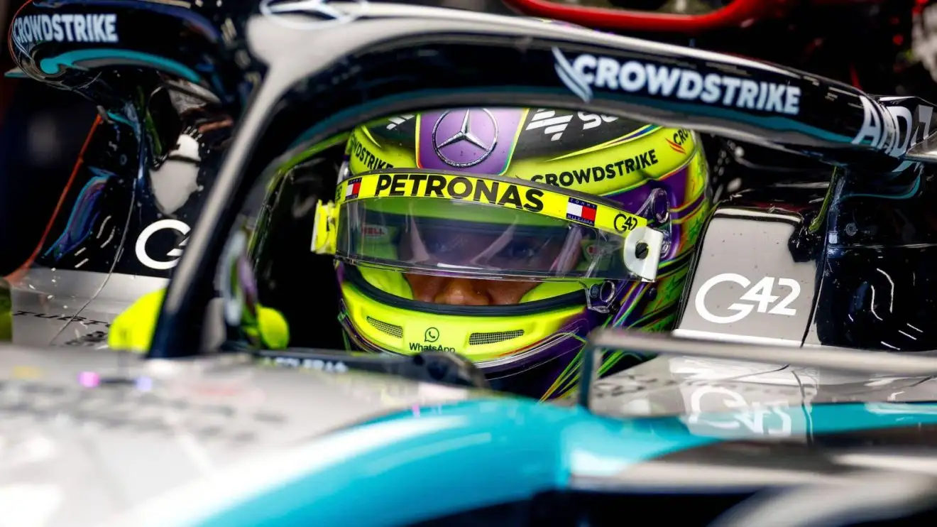 Lewis Hamilton in the Mercedes W15 cockpit at the 2024 Belgian Grand Prix.
