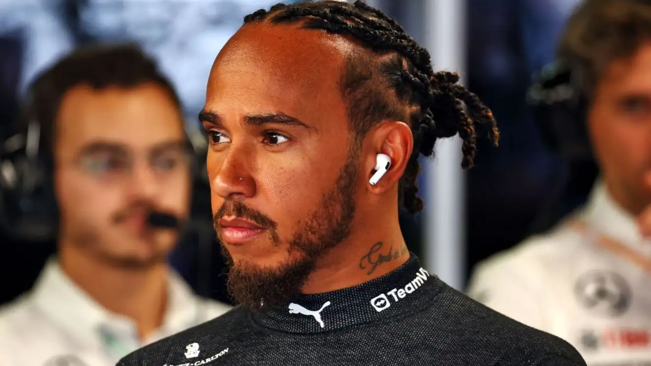 Lewis Hamilton in the Mercedes garage at the 2024 Italian Grand Prix.