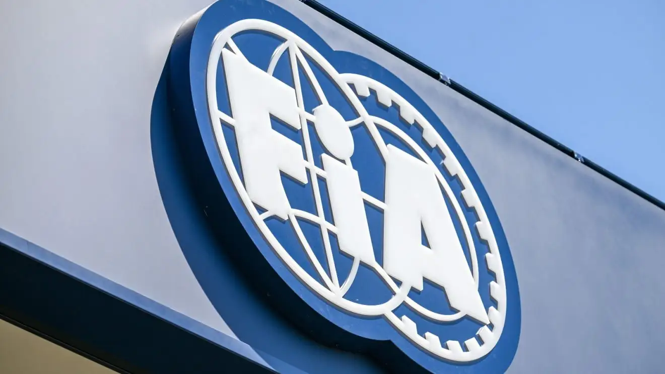 The FIA logo in the F1 paddock