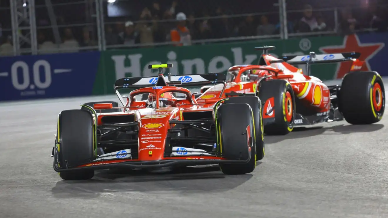 Charles Leclerc running ahead of Carlos Sainz in Las Vegas