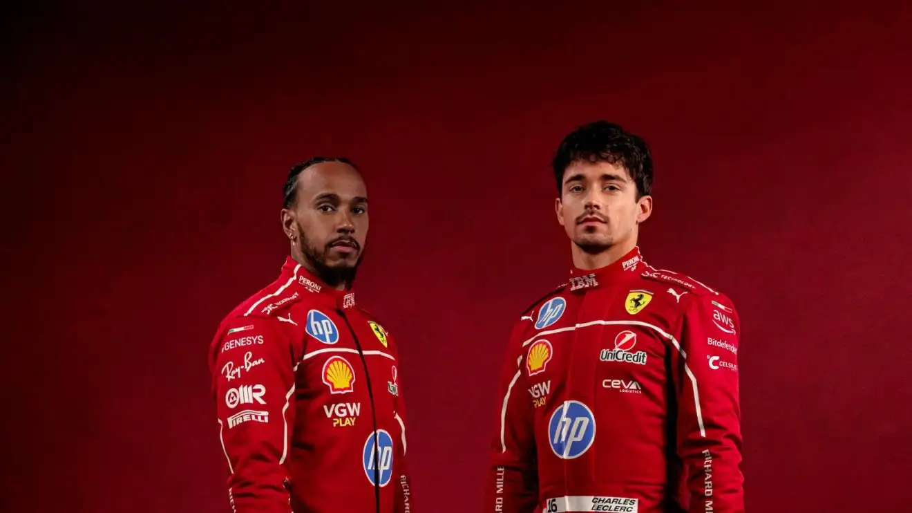 Lewis Hamilton and Charles Leclerc modelling Ferrari's F1 2025 race overalls
