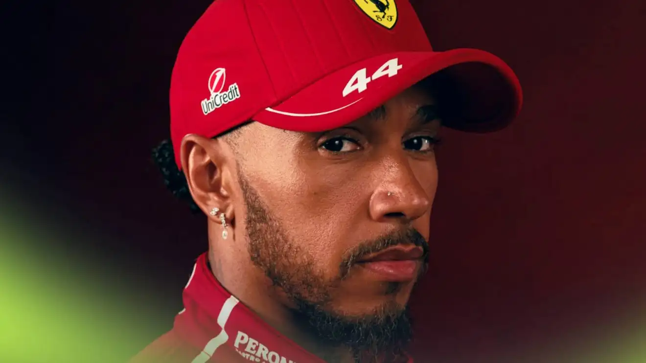 Lewis Hamilton looks at the camera for a Ferrari SF-25 launch shot
