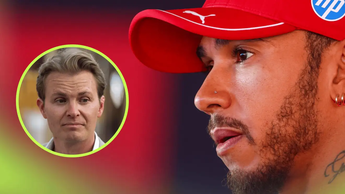 A close-up shot of Lewis Hamilton looking emotional with an inset of Nico Rosberg