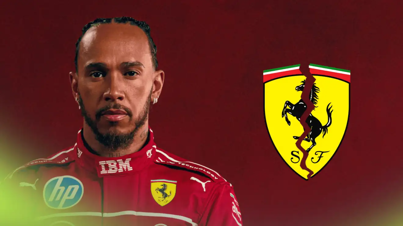 Lewis Hamilton poses in Ferrari overalls with a cracked Ferrari logo alongside him against a red background