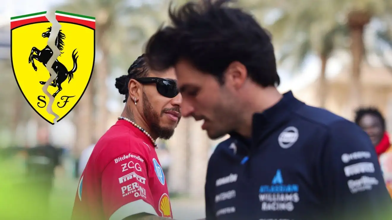 Lewis Hamilton, Ferrari, and Carlos Sainz, Williams, cross paths at 2025 Bahrain testing, while a cracked Ferrari logo appears top left