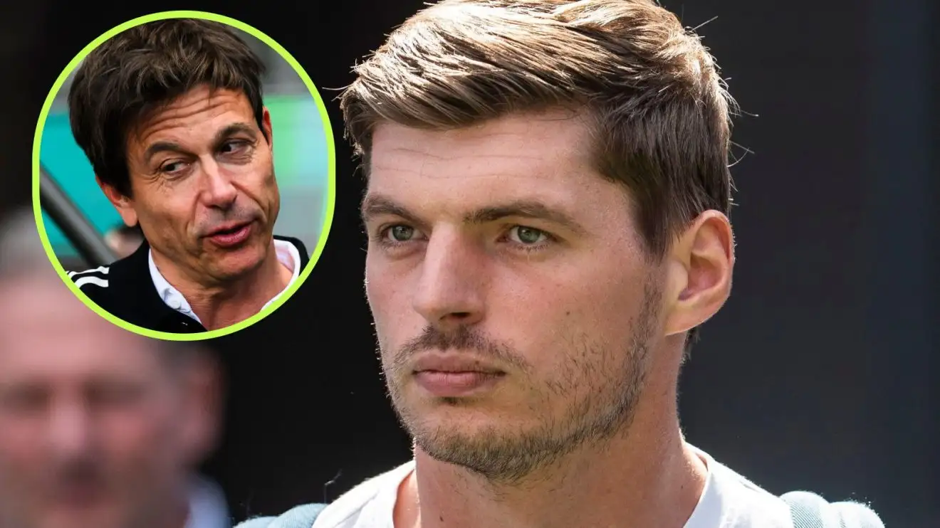Max Verstappen looks stern as he arrives at the 2025 Hungarian Grand Prix, while Mercedes team boss Toto Wolff appears in an oval top left