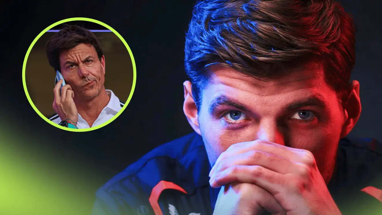Max Verstappen covers his mouth with both hands with an inset of Toto Wolff looking nervous on the phone
