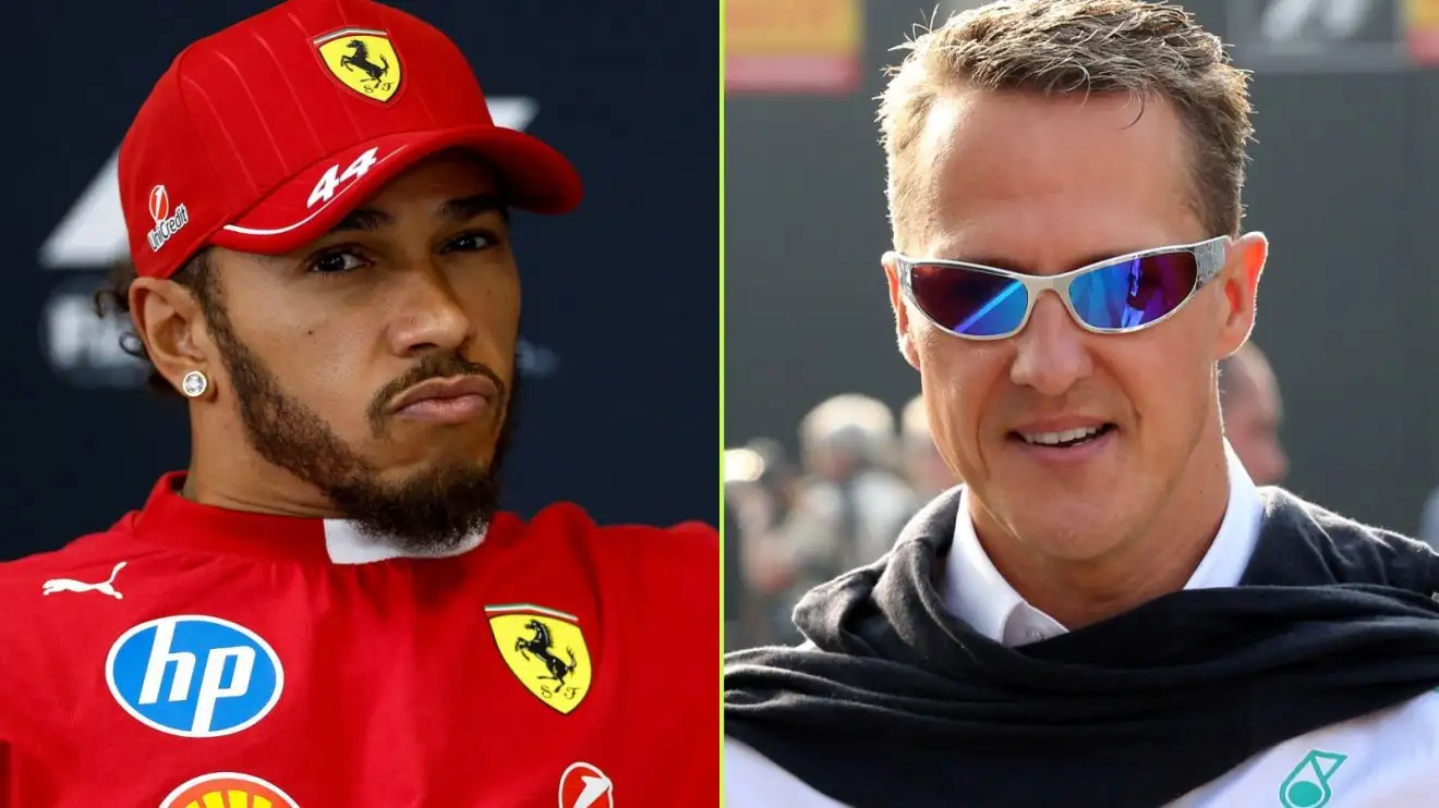 On the left, Lewis Hamilton in his Ferrari gear, and on the right, Michael Schumacher in Mercedes attire