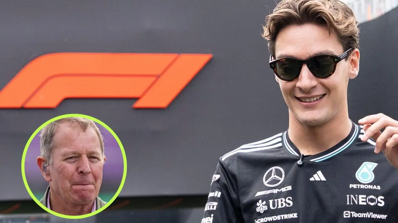 George Russell pictured in front of the Formula 1 logo at the 2025 Canadian Grand Prix, while Martin Brundle appears in a bottom left circle