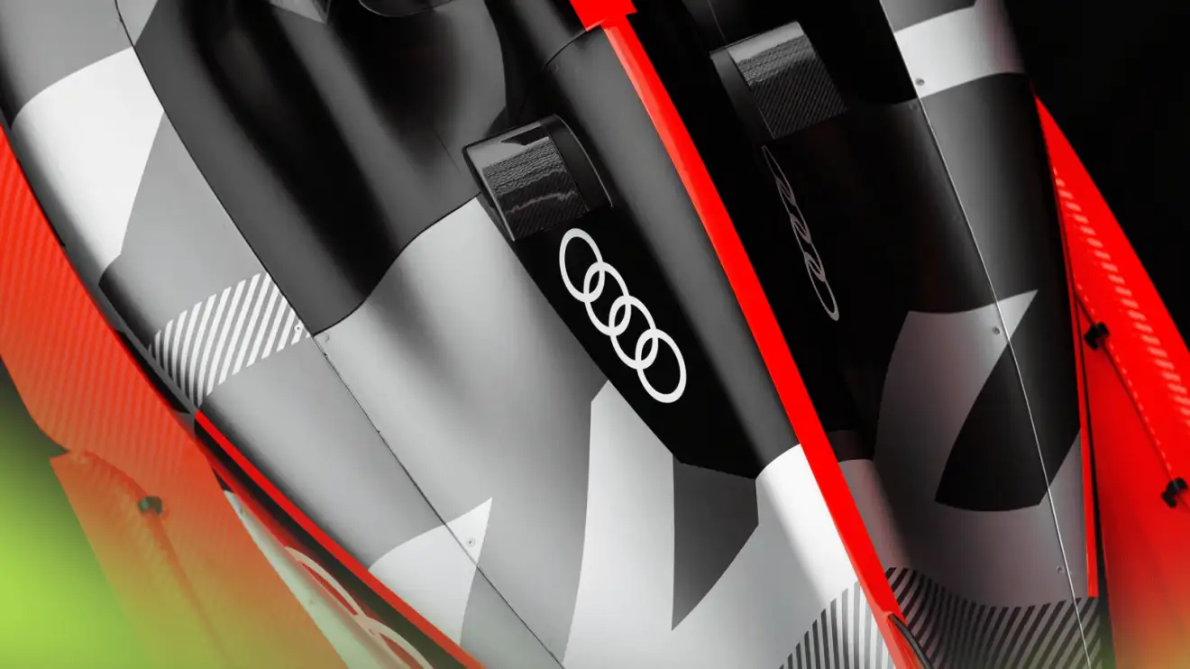 An overhead shot of the Audi F1 showcar with the four rings logo prominent on the engine cover