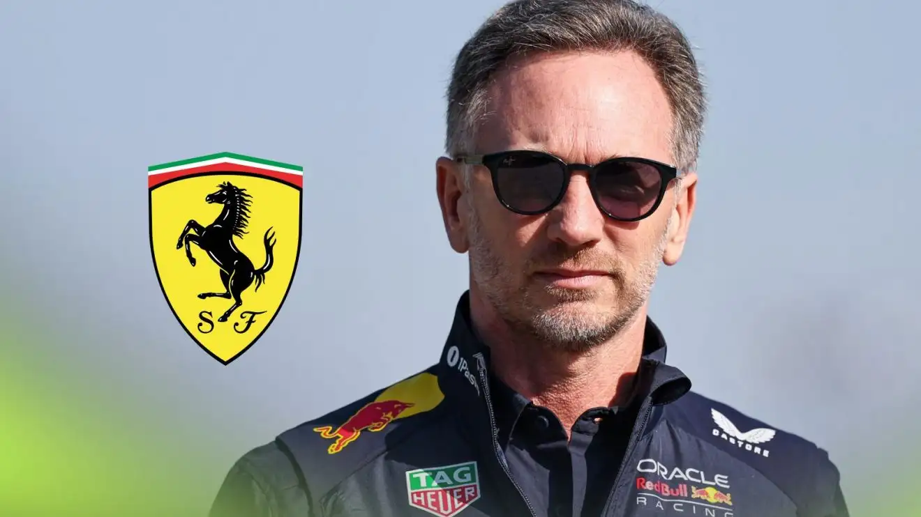 Ex-Red Bull boss Christian Horner pictured at the 2025 Chinese Grand Prix, as the Ferrari logo appears on his left