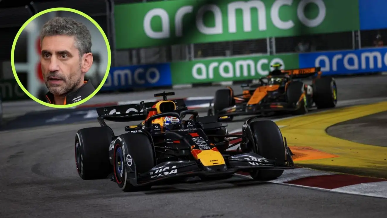 Red Bull's Max Verstappen leads McLaren's Lando Norris at the 2025 Singapore Grand Prix.