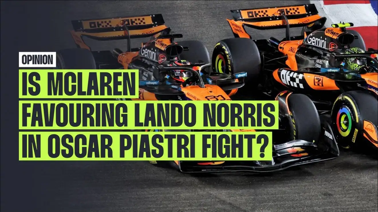 McLaren's Oscar Piastri and Lando Norris racing at the 2025 Singapore Grand Prix.
