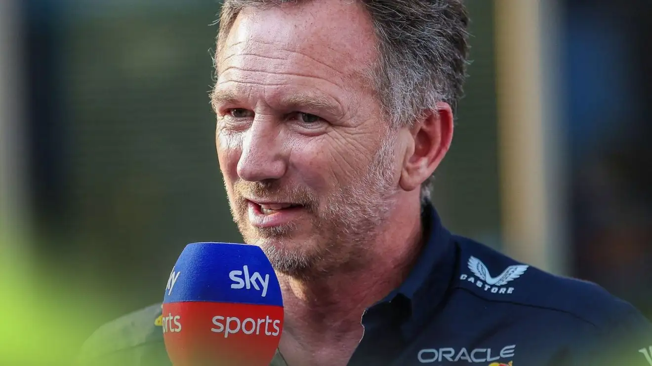 Christian Horner speaks into a Sky Sports microphone at the 2024 Hungarian Grand Prix