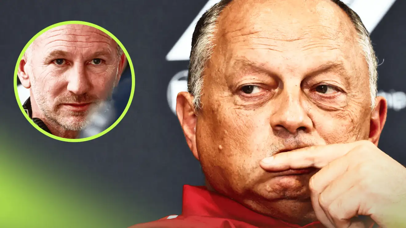 Fred Vasseur glances to the side with his finger covering his mouth with an inset of Christian Horner alongside him
