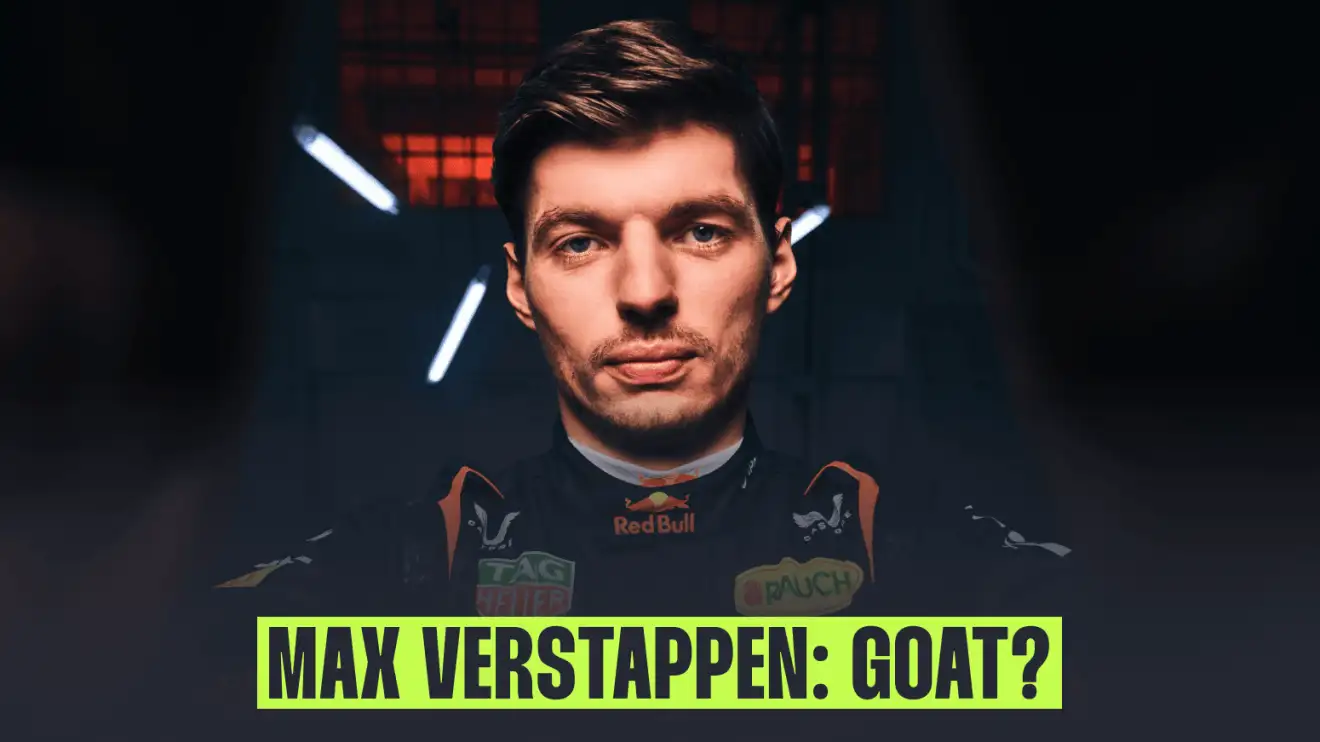 Max Verstappen eyes the camera while wearing Red Bull overalls with a banner reading: 'Max Verstappen: GOAT?'