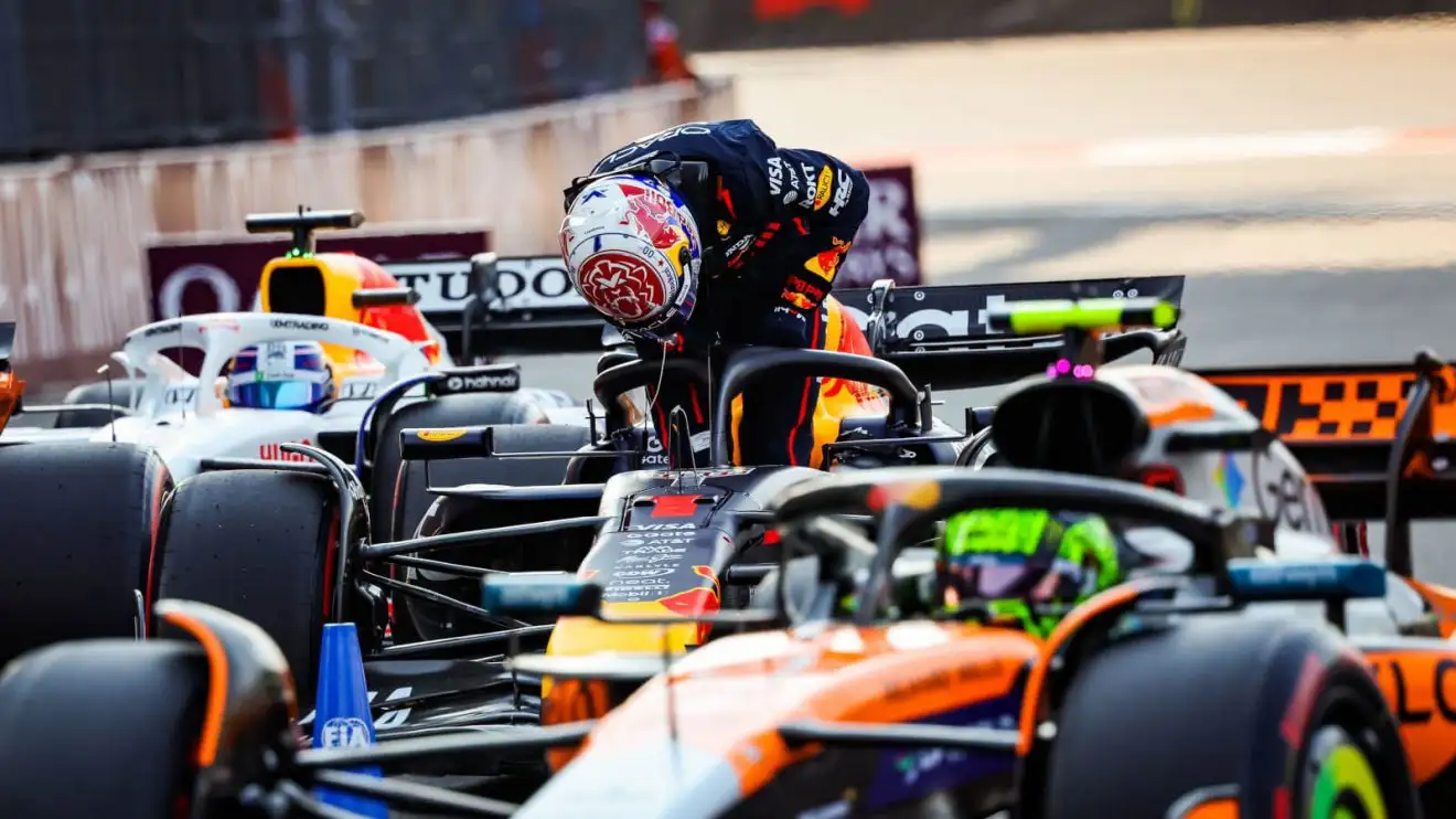 Max Verstappen in parc ferme behind Lando Norris