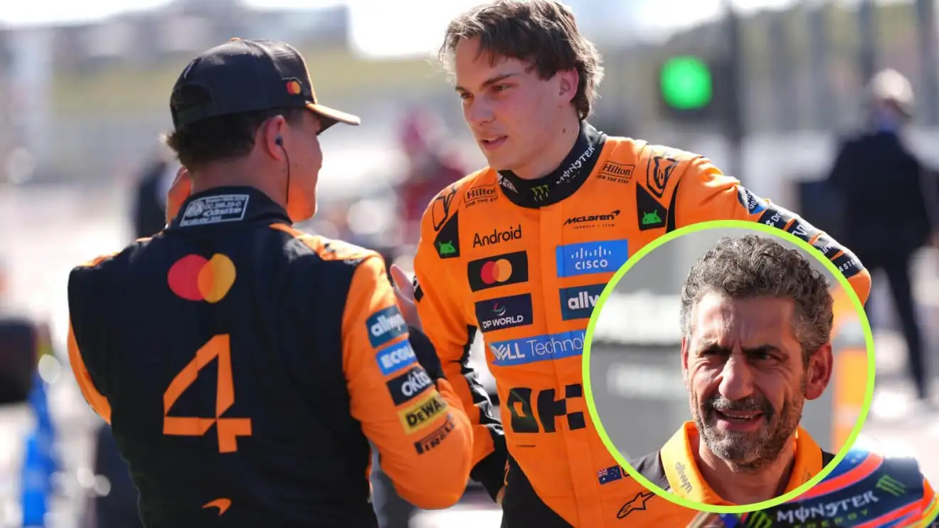 Lando Norris and Oscar Piastri speaking, Andrea Stella in the circle