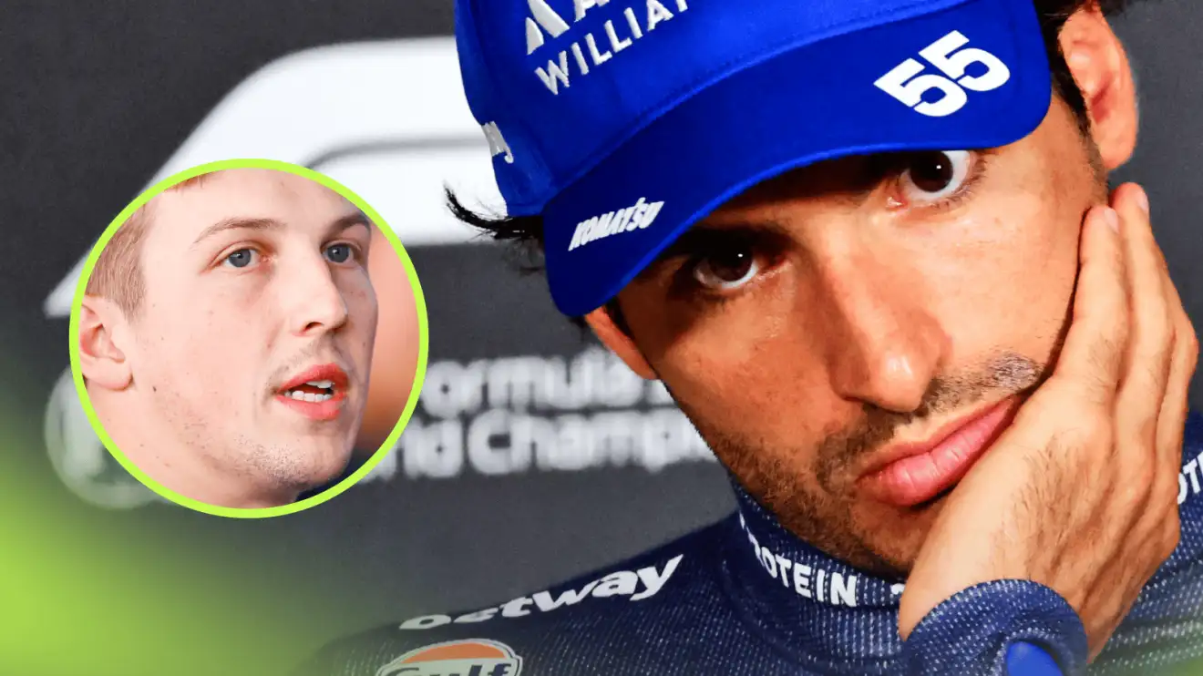 Carlos Sainz holds his hand to his face with an inset of Liam Lawson speaking