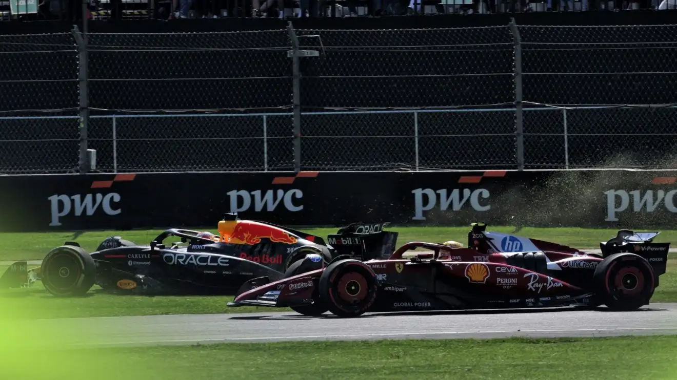 Lewis Hamilton, Ferrari and Max Verstappen, Red Bull, battle at the 2025 Mexican Grand Prix as Verstappen takes to the grass