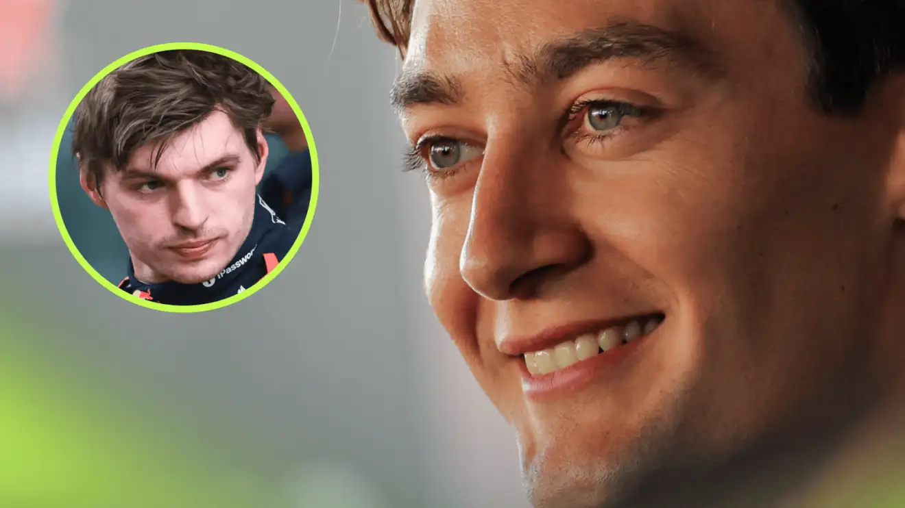 A close-up shot of George Russell smiling with an inset of Max Verstappen