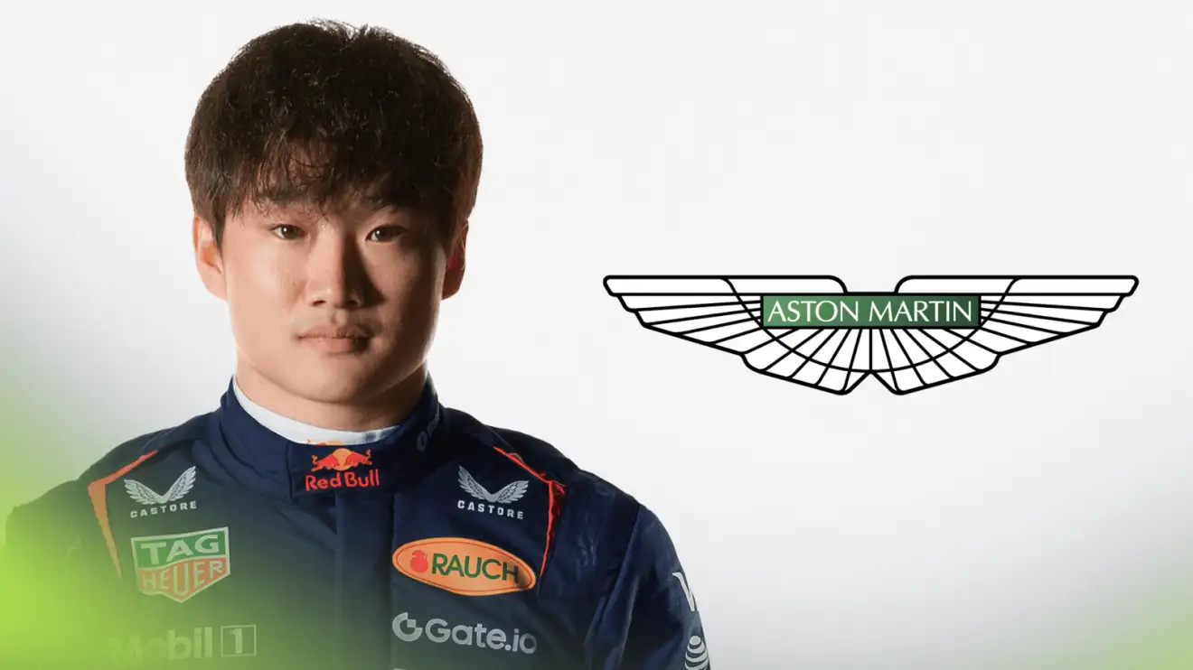 A studio shot of Yuki Tsunoda in Red Bull overalls with a prominent Aston Martin logo alongside him