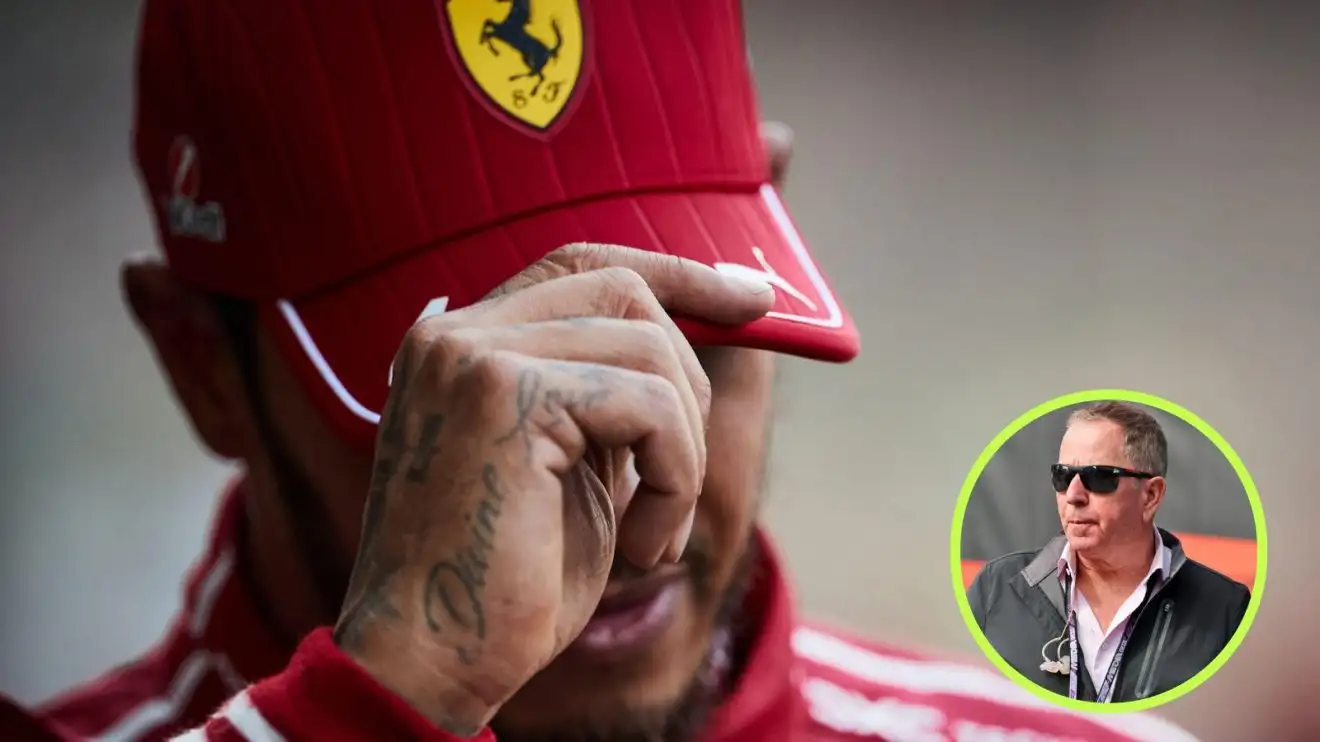 Lewis Hamilton adjusts his Ferrari cap at the 2025 Mexican Grand Prix, as Martin Brundle appears in a bottom right circle
