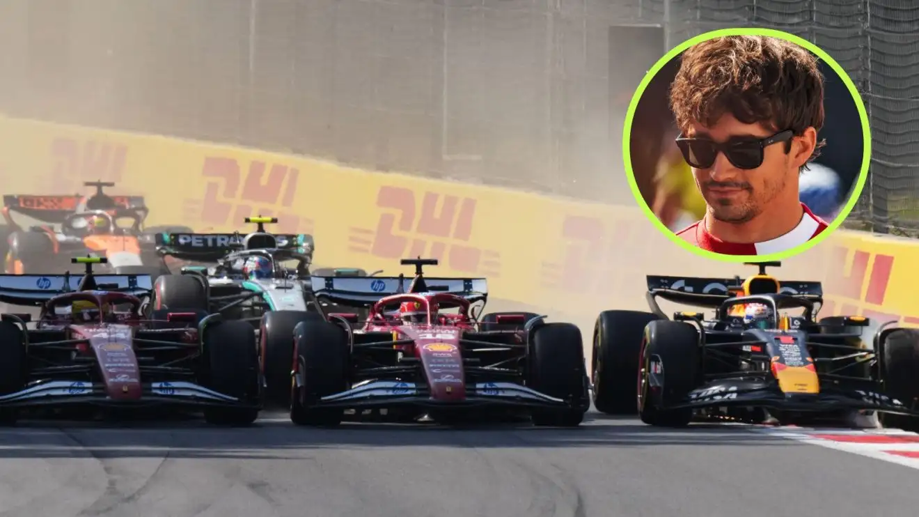 Charles Leclerc, left, Lewis Hamilton, middle, and Max Verstappen, right, battle at the 2025 Mexican Grand Prix start, as Charles Leclerc appears in a top right circle