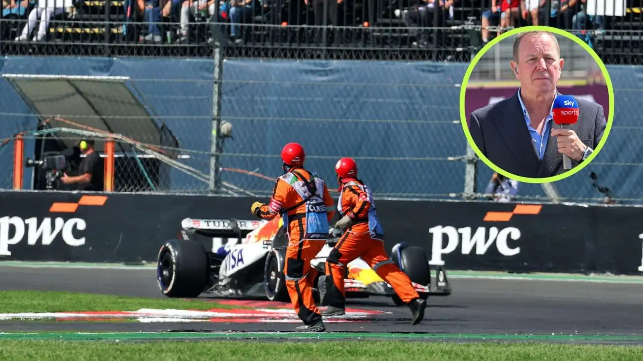 Liam Lawson, Racing Bulls, approaches marshals on track at the 2025 Mexican Grand Prix, as Martin Brundle appears in a top right circle