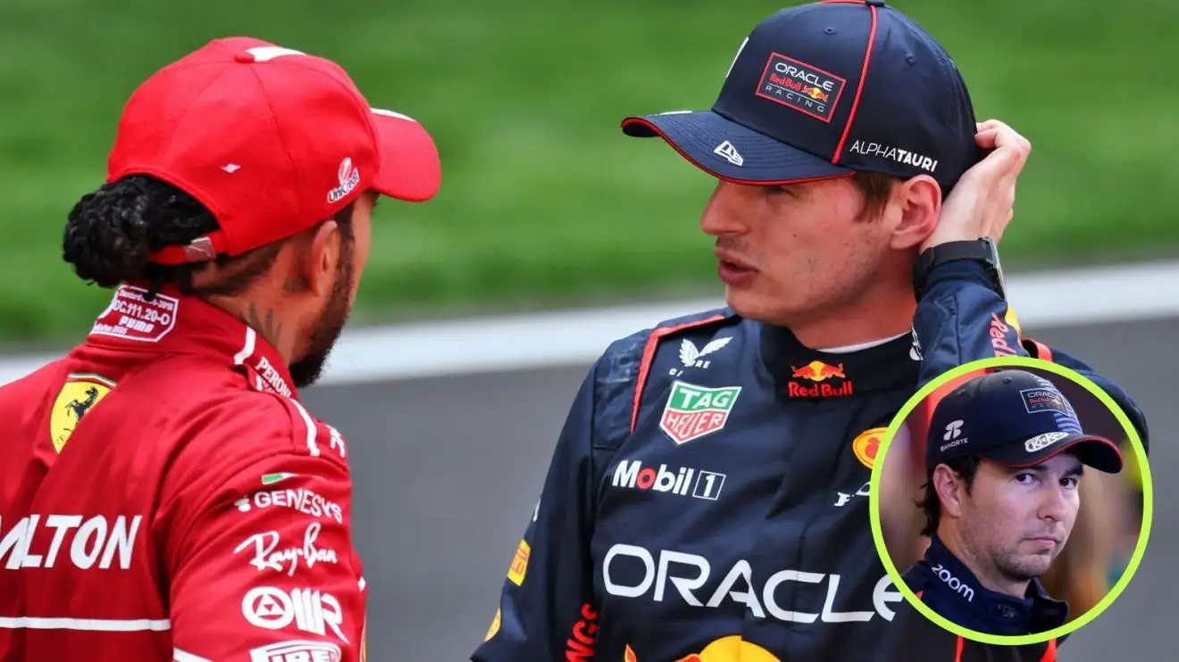 Lewis Hamilton, left, and Max Verstappen, right, speaking at the 2025 Chinese Grand Prix as Sergio Perez appears in a bottom right circle